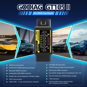 Imagine produs GODIAG GT105 II pentru IMMO, ECU, test baterie telecomanda si diagnoza auto VPW CAN K-Line