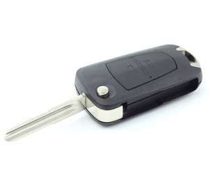 Carcasa cheie auto Techstar compatibila Opel Astra Corsa Vectra Meriva tip briceag 2 butoane lama pe stanga culoare neagra vedere laterala inclinata
