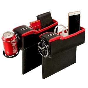 Cutie organizatoare scaun auto cusatura din piele, cusatura Rosie depozitare obiecte, Dreapta - Img 4