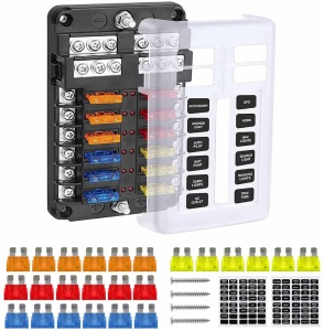 Cutie sigurante auto Techstar, panou 12 circuite, 12-24V, max. 100A, LED avertizare, bara pozitiv/negativ, 24 sigurante 5A/10A/15A/20A, capac transparent, pentru masina, rulota, barca, camion