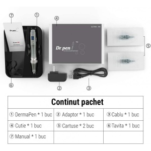 DermaPen Techstar® Dr Pen M8, 2 Capete de Rezerva, Ace Otel Inoxidabil, Corp Aliaj, Ergonomic, Regenerare Piele, Lifting, Viteza Reglabila, 6 Viteze, Gri - Img 4