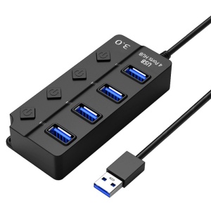 Hub USB Techstar HUBA0701 cu 4 porturi, 1 USB 3.0 si 3 USB 2.0, LED-uri albastre si comutatoare individuale, negru