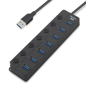 Hub USB Techstar HUBA2401, vedere frontala cu porturi USB si lumini LED