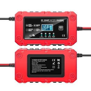 Detalii incarcator inteligent Techstar BC-1206 rosu cu afisaj LCD pentru baterii auto si moto