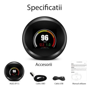 Indicator digital auto multifuncțional, Head Up Display Techstar® OBD II, P 11, Display 1.8 inch, Detector de diagnosticare, Eliminare cod de eroare, Vitezometru, Computer de conducere, Alarmă de supraviteză - Img 5