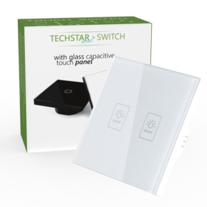 Intrerupator touch alb Techstar TG02 cu sticla securizata si LED in cutie verde