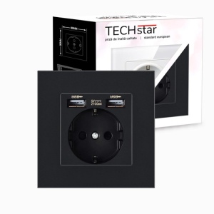 priza Techstar PCU1 negru cu 2 USB vedere din fata si cutie ambalaj