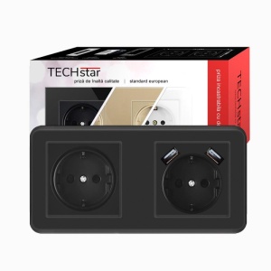 priza Techstar PCU2 neagra dubla cu incarcare USB 2.1A policarbonat