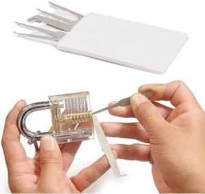 Set Instrumente Lacatuserie Lock Picking, Dispozitiv Mecanic Tip Pistol, Lacat Transparent Antrenament, Trusa Unelte Deschidere Incuietori, Set 5 in 1, Husa Depozitare - Img 2
