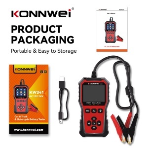 Tester baterie auto KONNWEI KW341 6V/12V/24V, kit complet cu cleme si husa (continut pachet)