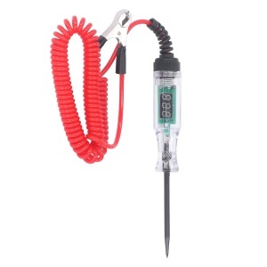 Tester electric cu afișaj digital și cablu spiralat roșu, vedere frontală