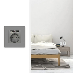Priza cu USB gri montata in perete living modern