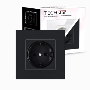 priza Techstar PC1 simpla negru policarbonat 16A vedere cu ambalaj