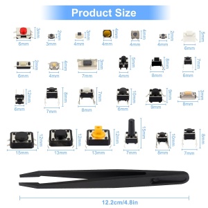 Set 250 Microintrerupatoare Tactile Push Button, 25 Tipuri, Microbutoane pentru Telecomenzi Auto, Circuite PCB si Electronice, Cutie Organizatoare si Penseta - Img 4