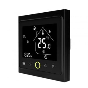 Termostat smart Techstar TH-20W negru vedere frontala ecran LED aprins