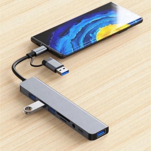 Hub USB-C 8 in 2 Techstar cu porturi audio si USB suplimentare