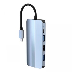 Vedere laterala adaptor USB-C Techstar cu porturi HDMI, USB si LAN