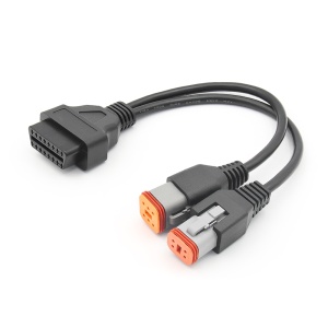 Adaptor Y OBD2–Harley 4p si 6p, vedere oblica cu mufe portocalii