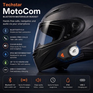 Techstar MotoCom Bluetooth 5.4 montat pe casca moto, sistem audio hands-free cu microfon si difuzoare