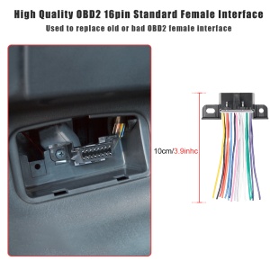 Conector OBD2 femela 16 pini cu fire, schema pinout si culori conductoare, pigtail 10 cm