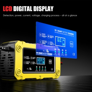 Display LCD incarcator inteligent Techstar BC-1206 cu informatii despre incarcare baterie auto moto