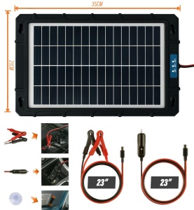 Prezentare panou solar și accesorii – pictograme caracteristici și cabluri incluse