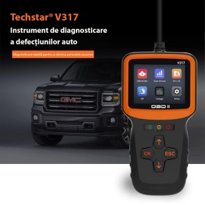 Funcții principale ale testerului auto Techstar V317 afișate pe fundal negru