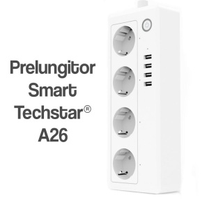 Prelungitor priza smart Techstar A26 wireless 2.4GHz vedere de sus cu prize si porturi USB