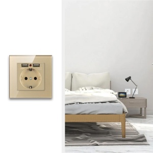 Priza cu USB auriu montata in perete living modern