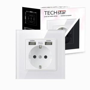 priza Techstar Crystal TSU1 alb frost cu 2 USB vedere din fata si cutie ambalaj