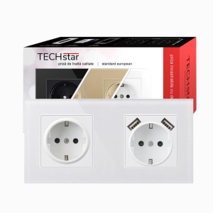 priza Techstar Crystal TSU2 alba frost cu incarcare USB sticla securizata