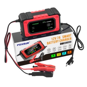 Redresor auto digital Foxsur 12V 7A rosu-negru cu ecran LED si cleme