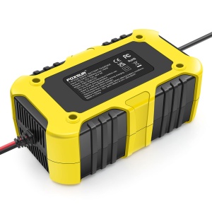redresor baterii auto galben negru vedere lateral cu cablu rosu si negru