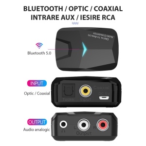 Resigilat Convertor Audio Digital la Analog Techstar® M24, Compatibil Bluetooth 5.0, Cablu audio optic la RCA, Negru - Img 4