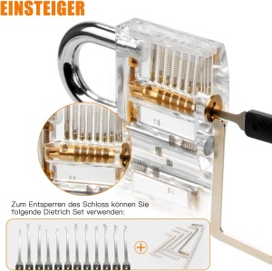 Set 26 Piese Lacatuserie Lock Picking, 4 Incuietori Transparente de Antrenament, 12 Instrumente Metalice, 5 Chei de Tensionare, Trusa Profesionala cu Husa - Img 6