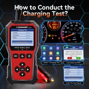 Tester baterie auto KONNWEI KW341, test sistem incarcare/alternator cu rezultate pe ecran (infografic)