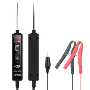 Tester electric auto JFIND JF100 vedere spate, cutie produs si accesorii incluse