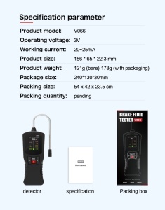 Continut pachet tester digital lichid de frana Techstar V066 cu instructiuni