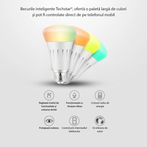 Bec LED RGB inteligent Techstar® 3106, Wifi 2.4GHz, E27, 7W, 600 lm, APP Tuya smart Life, compatibil Google Home si Amazon Alexa, Sistem Android/iOS, Alb - Img 6