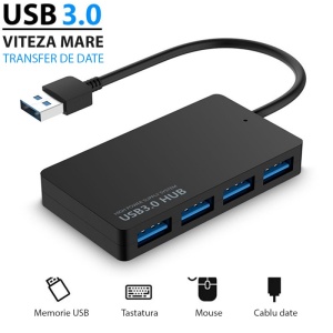 Hub USB 3.0 Techstar HUBA0402 cu 4 porturi pentru periferice multiple