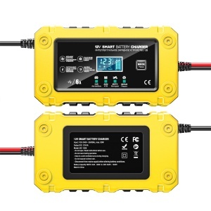 Detalii incarcator baterie Techstar BC-1206 galben cu afisaj LCD pentru baterii 12V auto si moto