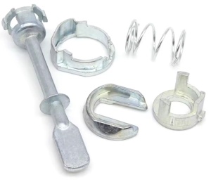 Kit reparatie incuietoare yala usa auto Techstar, compatibil VW Polo Classic 6KV, Caddy 9K, Seat Cordoba, Ibiza, butuc fata stanga sau dreapta, 5 piese, metal, argintiu