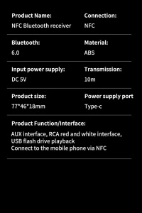 Specificatii tehnice Receiver Bluetooth 6.0 cu NFC, AUX, RCA si USB