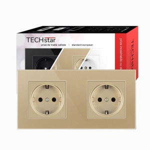 priza Techstar Crystal TS2 dubla auriu sandcastle cu rama sticla securizata