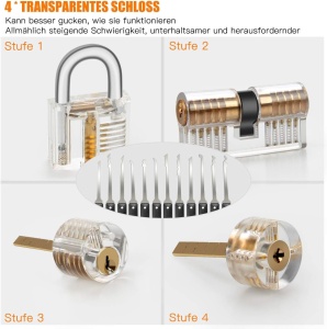 Set 26 Piese Lacatuserie Lock Picking, 4 Incuietori Transparente de Antrenament, 12 Instrumente Metalice, 5 Chei de Tensionare, Trusa Profesionala cu Husa - Img 3