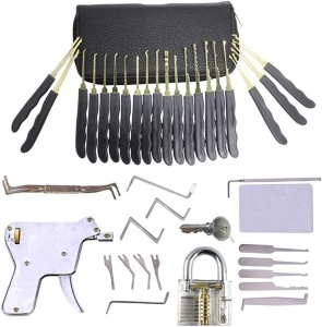 Set 33 Piese Instrumente Lacatuserie si Lock Picking, Lacat Transparent de Antrenament, Trusa Deschidere Incuietori, Instrument Mecanic Tip Pistol, Husa Depozitare - Img 1