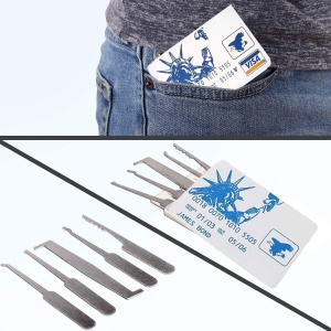Set Instrumente Lacatuserie Lock Picking, Lacat Transparent de Antrenament, 17 Unelte Metalice, Set 5 in 1 Tip Card, 2 Chei, Trusa Practica pentru Incepatori - Img 4