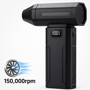 Suflanta electrica portabila Techstar, Turbo Air Duster, motor brushless 150000 RPM, 5 trepte, acumulator 6000mAh, display digital, reincarcabila USB-C, pentru auto, PC si curatare praf, negru - Img 1
