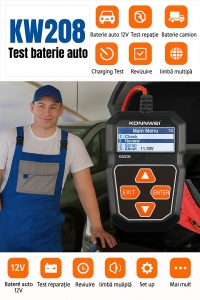 tester konnwei kw208 conectat la baterie, afisand tensiunea pe lcd