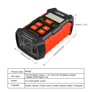 imagine promo tester KW520 cu text 12V 10A 5A si masina